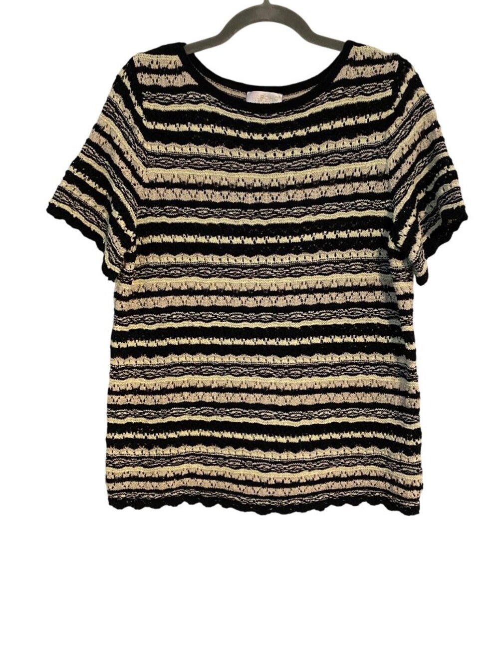 Belle Kim Gravel Boho Women M Black Cream Stripe Sweater Crochet Top Scallop Hem